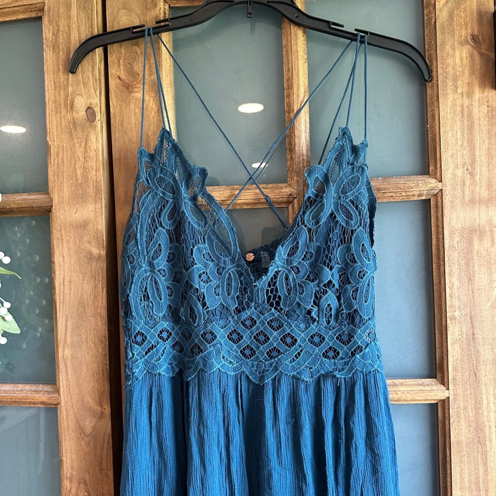 Free People FP One Maxi Dress Womens Medium Teal Blue Lace Boho Ruffle Hem - Picture 5 of 16